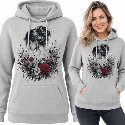 Bluza damska z kapturem - kobieta z kokiem wśród czerwonych róż w stylu szkicu