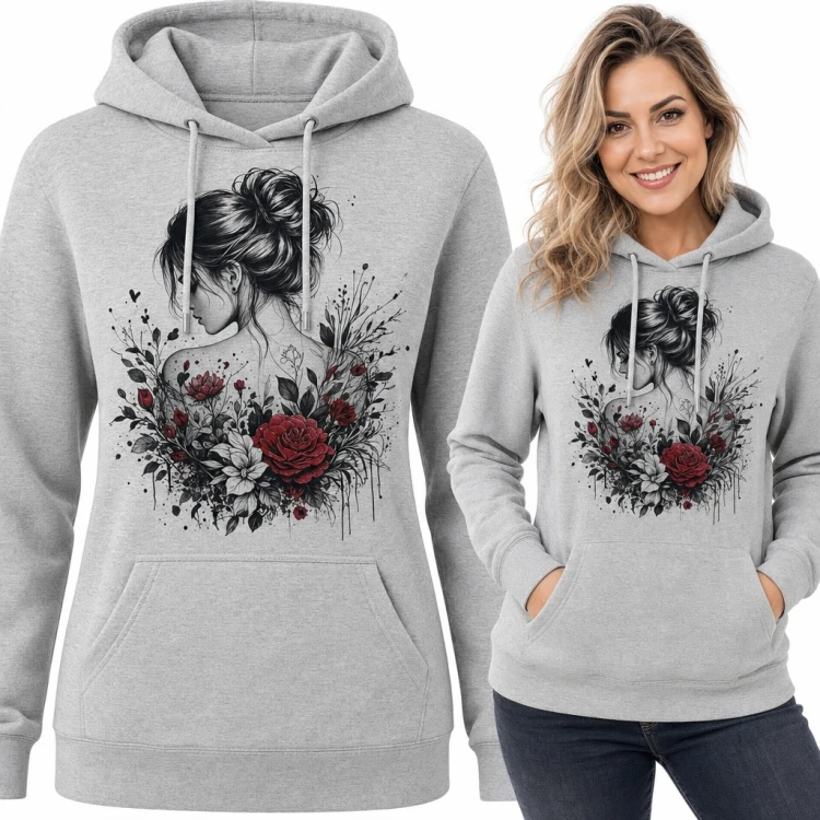 Bluza damska z kapturem - kobieta z kokiem wśród czerwonych róż w stylu szkicu