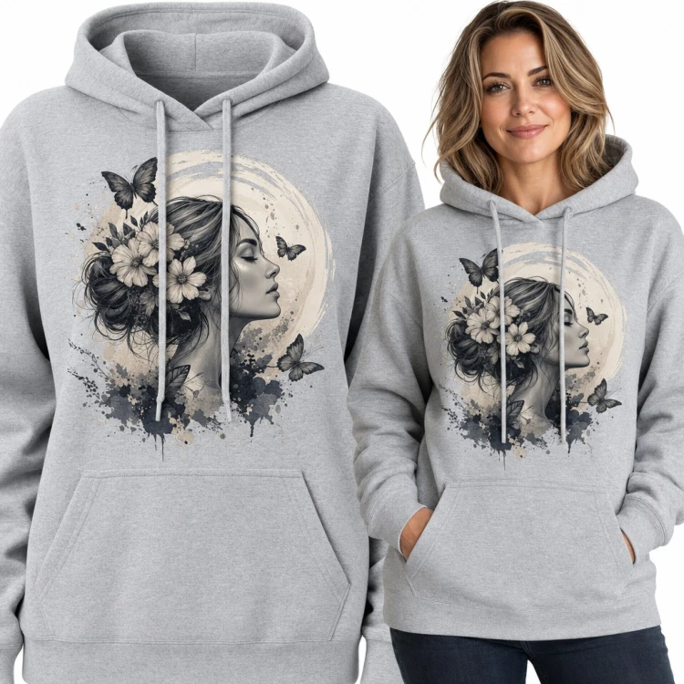 Bluza damska z kapturem - akwarelowy portret kobiety na tle księżyca