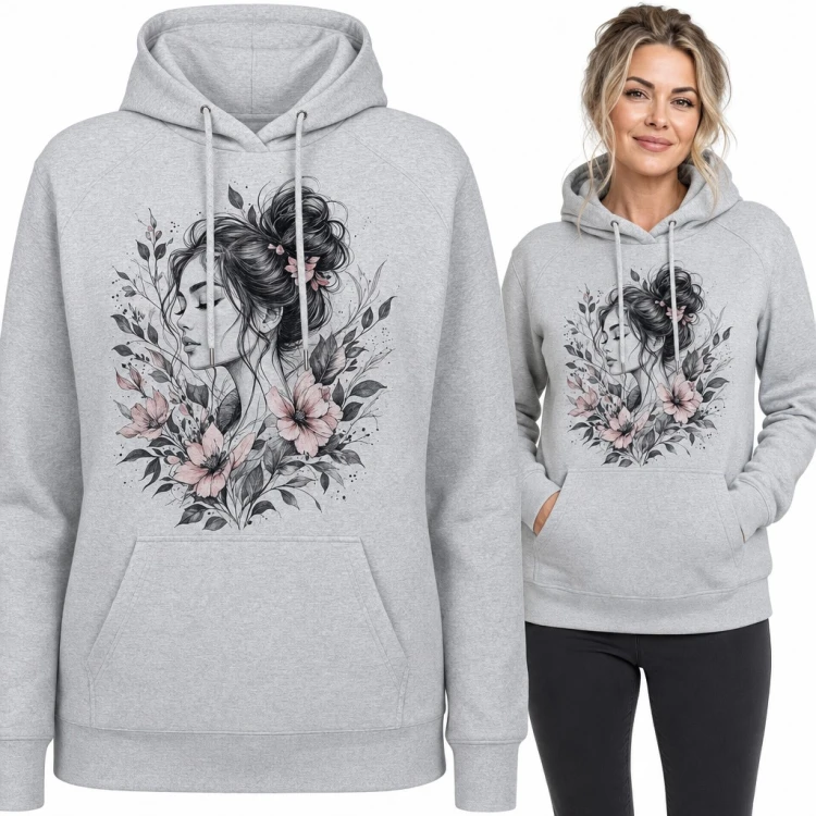 Bluza damska z kapturem - portret kobiety z kokiem wśród różowych kwiatów