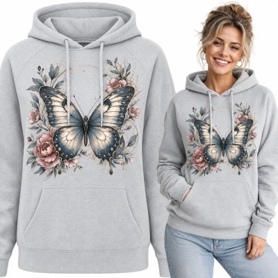 Bluza damska z kapturem - granatowy motyl wśród różowych piwonii