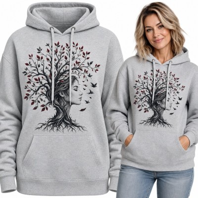 Bluza damska z kapturem - drzewo życia z kobiecą twarzą i ptakami