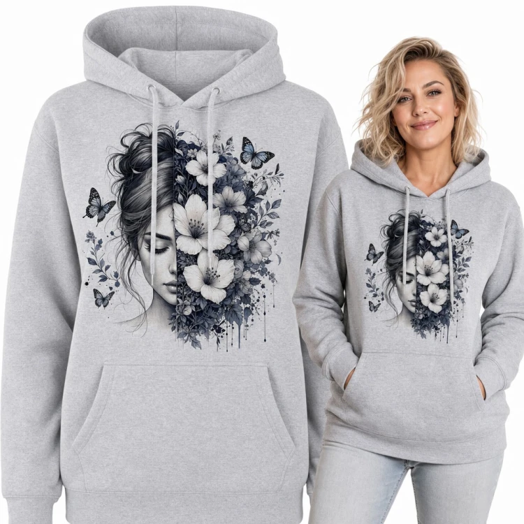 Bluza damska z kapturem - portret kobiety z kwiatami i motylami
