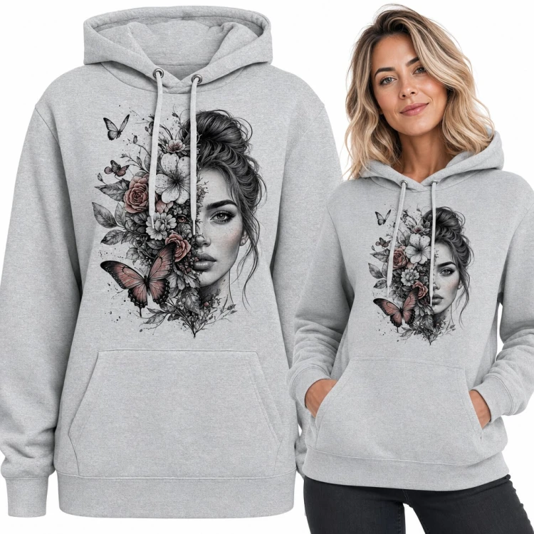 Bluza damska z kapturem - twarz kobiety w połowie z róż i kwiatów