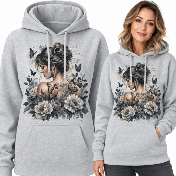 Bluza damska z kapturem - kobieta z kokiem wśród piwonii i motyli