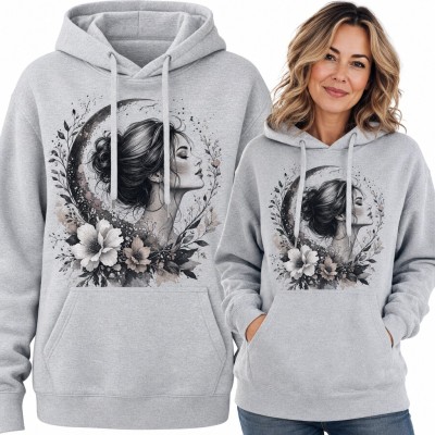 Bluza damska z kapturem - kobieta w półksiężycu wśród kwiatów