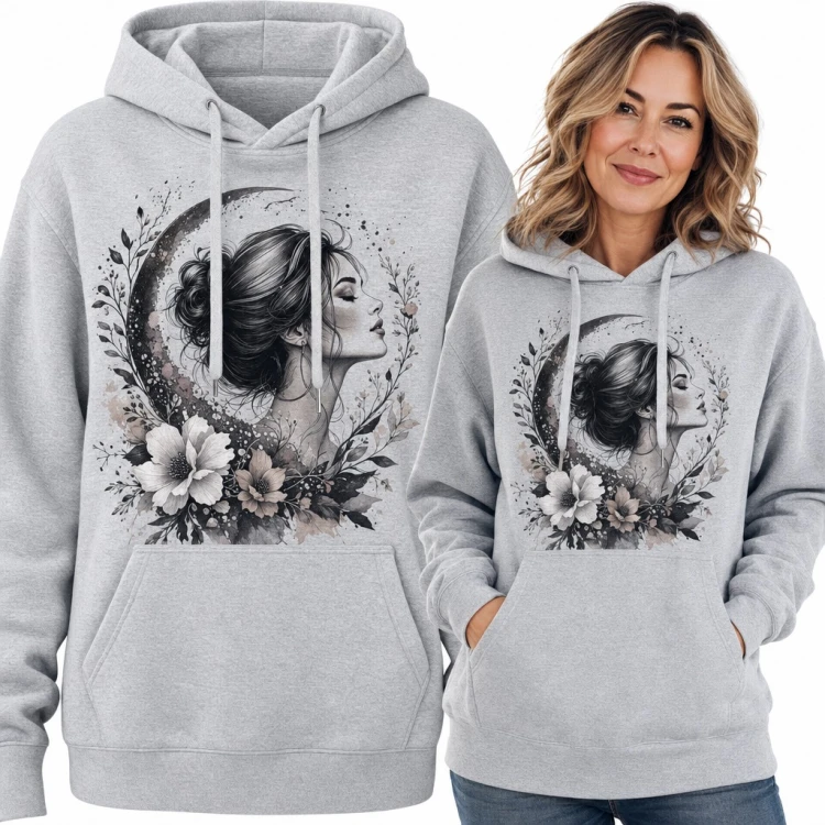 Bluza damska z kapturem - kobieta w półksiężycu wśród kwiatów