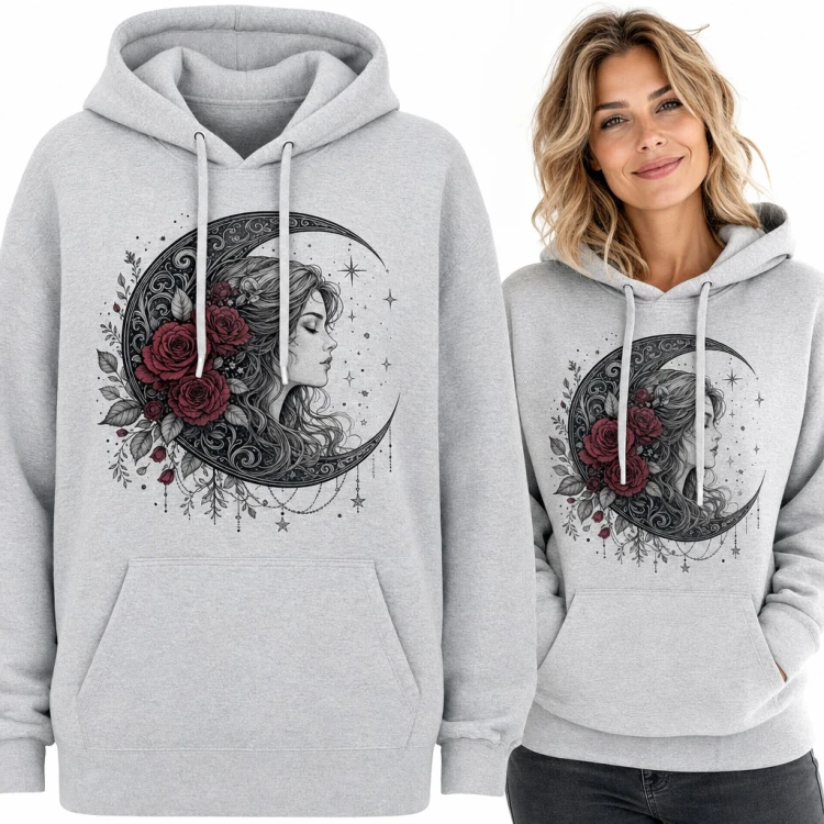 Bluza damska z kapturem - kobieta w półksiężycu z bordowymi różami