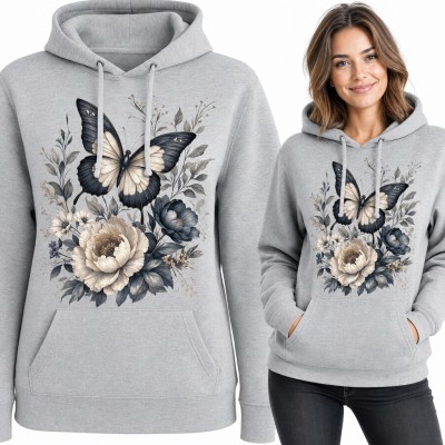 Bluza damska z kapturem - czarno-kremowy motyl nad bukietem piwonii