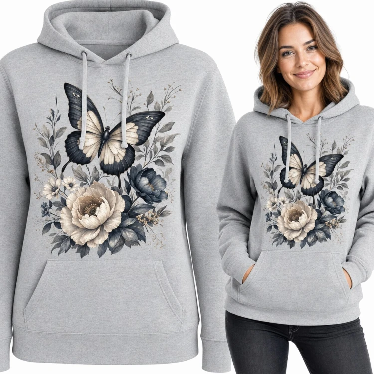 Bluza damska z kapturem - czarno-kremowy motyl nad bukietem piwonii