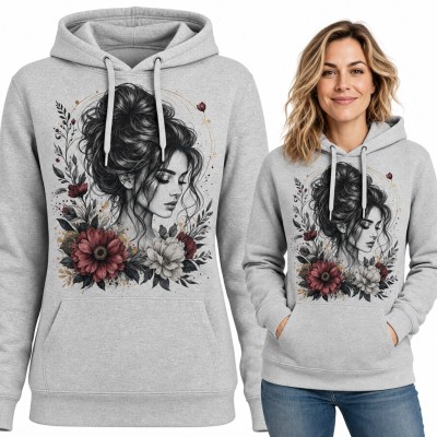 Bluza damska z kapturem - portret kobiety z kokiem wśród bordowych dalii