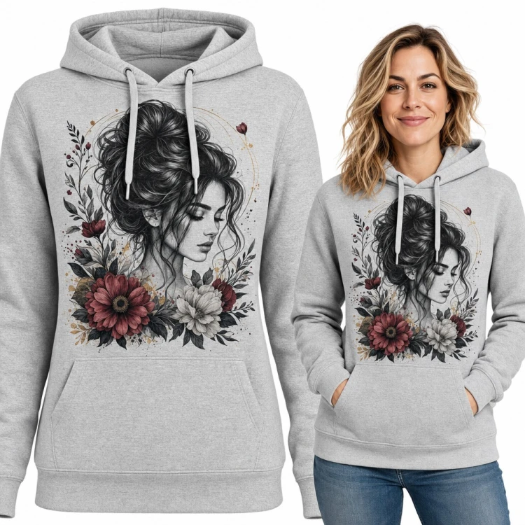 Bluza damska z kapturem - portret kobiety z kokiem wśród bordowych dalii