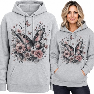 Bluza damska z kapturem - duży motyl wśród różowych piwonii