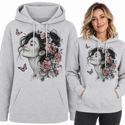 Bluza damska z kapturem - portret kobiety w różach z motylami