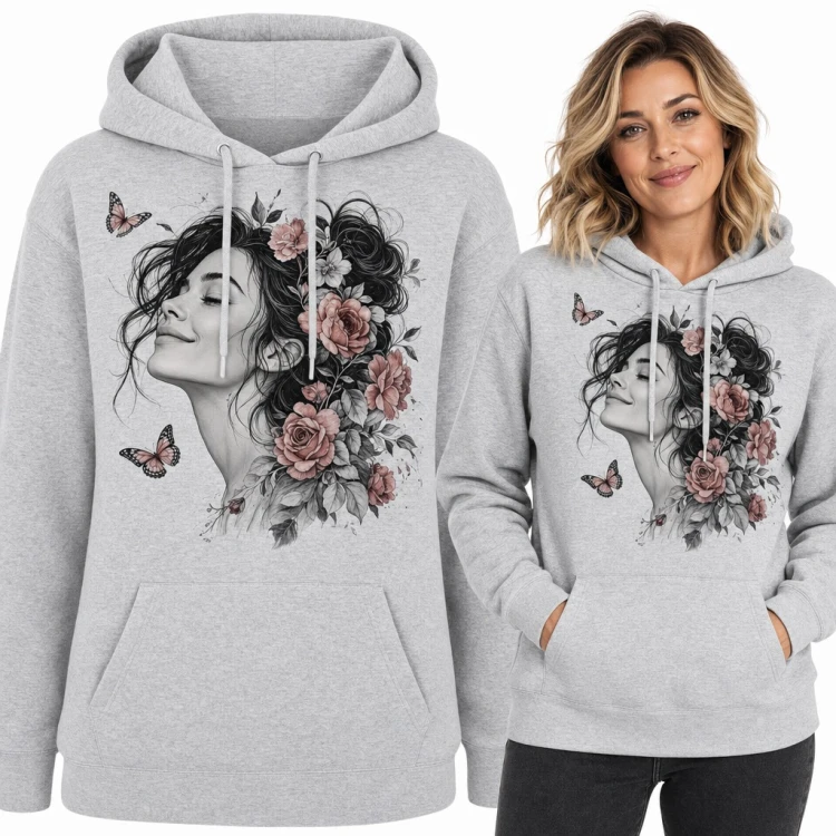 Bluza damska z kapturem - portret kobiety w różach z motylami