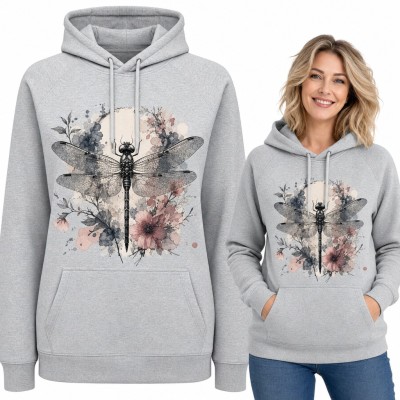Bluza damska z kapturem - ważka wśród akwarelowych kwiatów