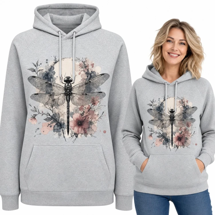 Bluza damska z kapturem - ważka wśród akwarelowych kwiatów