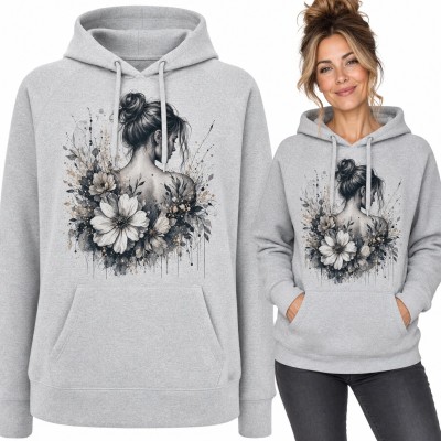Bluza damska z kapturem - kobieta z kokiem wśród kwiatów w stylu akwareli