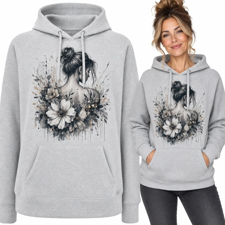 Bluza damska z kapturem - kobieta z kokiem wśród kwiatów w stylu akwareli