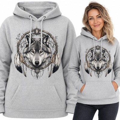 Bluza damska z kapturem - wilk w łapaczu snów z piórami