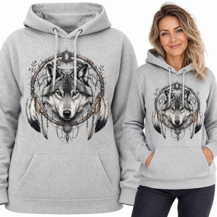 Bluza damska z kapturem - wilk w łapaczu snów z piórami