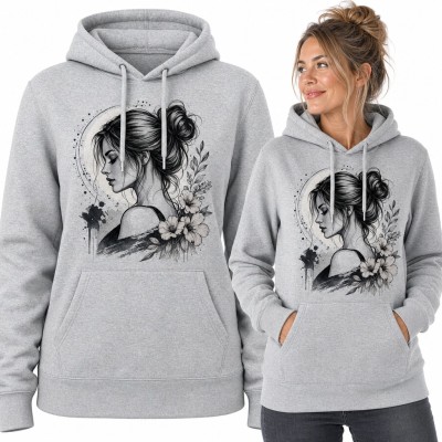 Bluza damska z kapturem - portret kobiety z kokiem wśród kwiatów w stylu akwareli