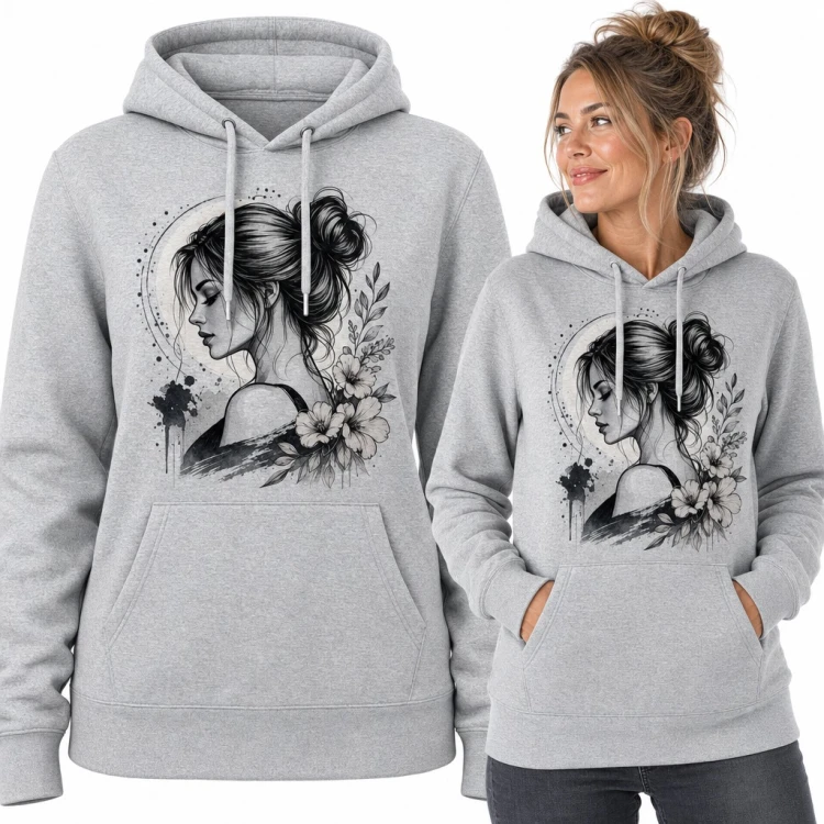 Bluza damska z kapturem - portret kobiety z kokiem wśród kwiatów w stylu akwareli