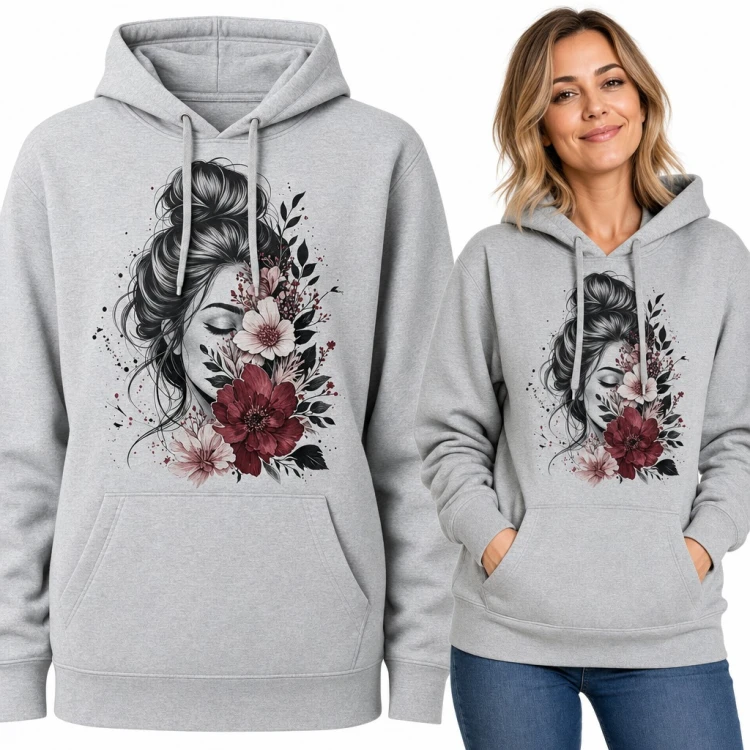 Bluza damska z kapturem - portret kobiety z kokiem w bordowych kwiatach