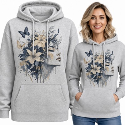 Bluza damska z kapturem - akwarelowy profil kobiety z liliami i motylami