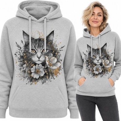 Bluza damska z kapturem - kot w kwiatach ze złotymi akcentami
