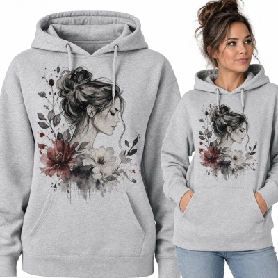 Bluza damska z kapturem - akwarelowy portret kobiety z kokiem wśród bordowych kwiatów