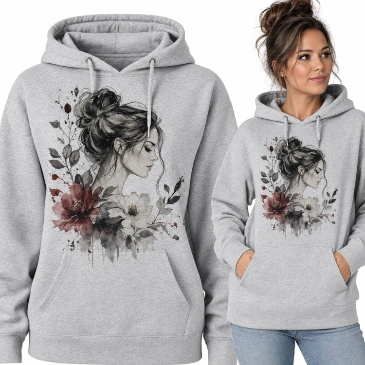 Bluza damska z kapturem - akwarelowy portret kobiety z kokiem wśród bordowych kwiatów
