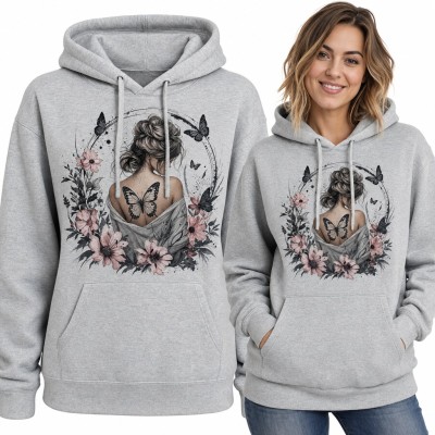 Bluza damska z kapturem - kobieta z tatuażem motyla wśród kwiatów