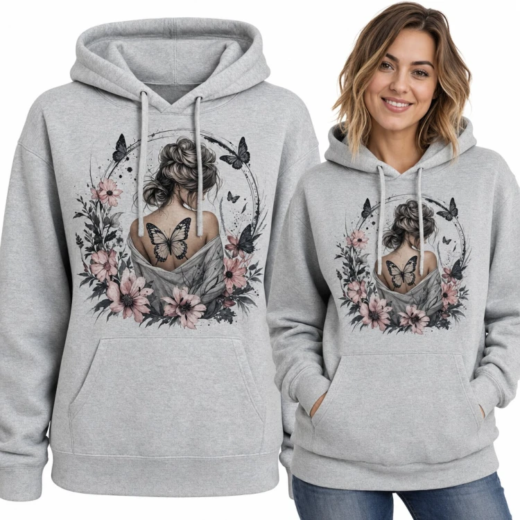 Bluza damska z kapturem - kobieta z tatuażem motyla wśród kwiatów