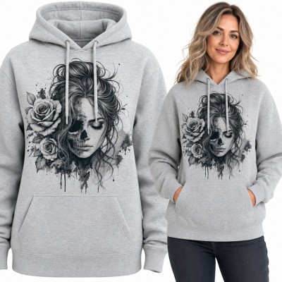 Bluza damska z kapturem - twarz kobiety z połową czaszki i różami w stylu tatuażu