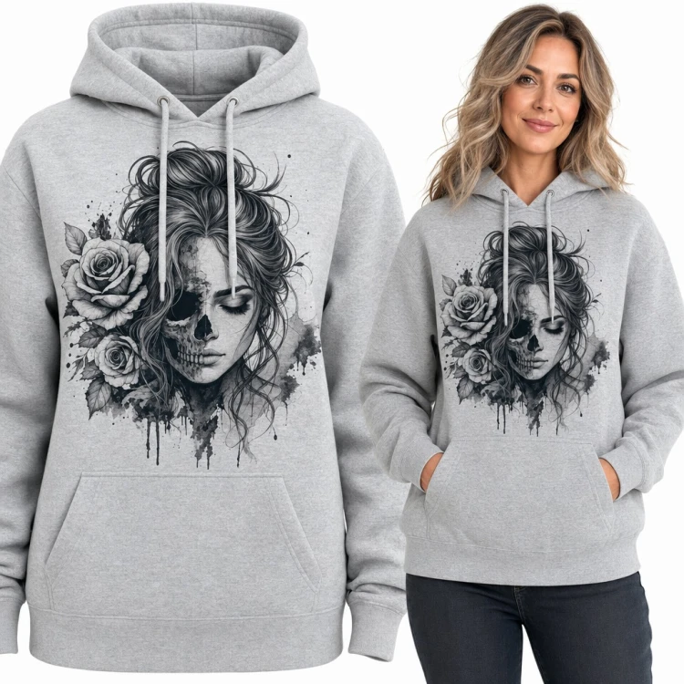 Bluza damska z kapturem - twarz kobiety z połową czaszki i różami w stylu tatuażu
