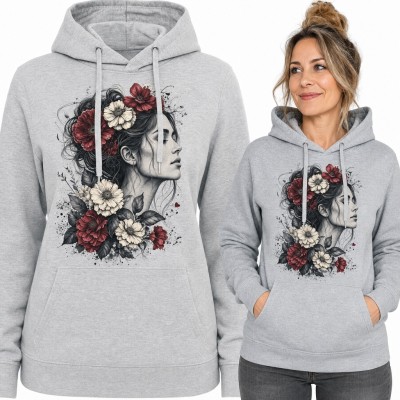 Bluza damska z kapturem - profil kobiety z czerwonymi i kremowymi kwiatami we włosach