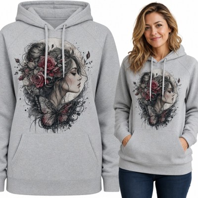 Bluza damska z kapturem - kobieta z różami we włosach, motyl i księżyc