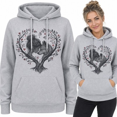 Bluza damska z kapturem - dziewczyna z wilkiem w sercu z drzewa