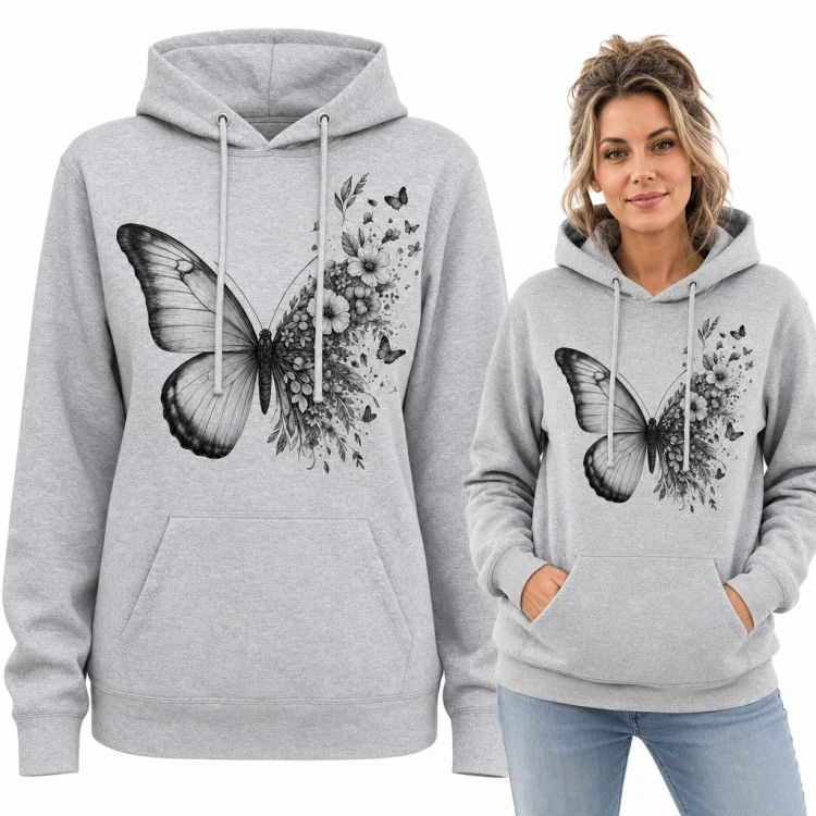 Bluza damska z kapturem - motyl ze skrzydłem z kwiatów w szkicowym stylu