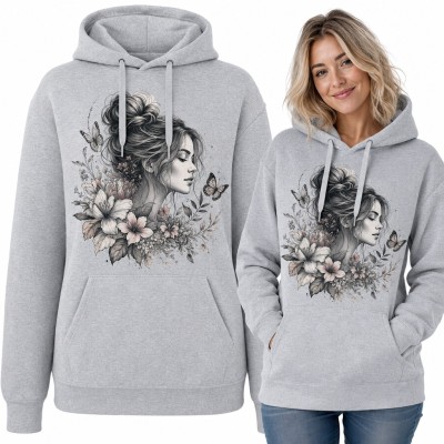 Bluza damska z kapturem - kobieta z kokiem w kwiatach i motylach