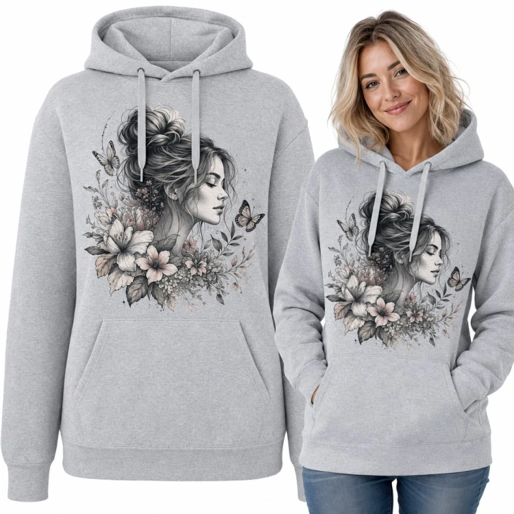 Bluza damska z kapturem - kobieta z kokiem w kwiatach i motylach