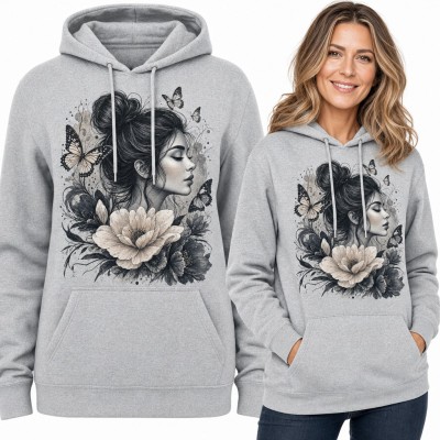 Bluza damska z kapturem - portret kobiety z kokiem wśród kwiatów i motyli