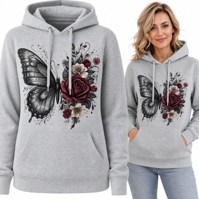 Bluza damska z kapturem - motyl z bordową różą i kwiatami