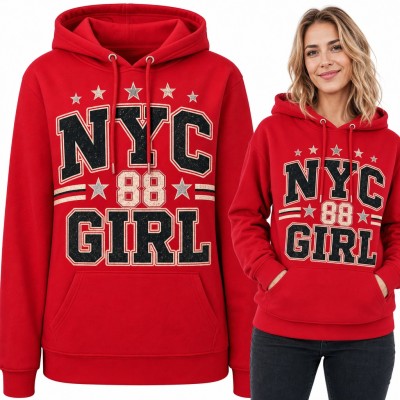 Bluza damska z kapturem „NYC 88 Girl” - nowojorski styl college z gwiazdkami