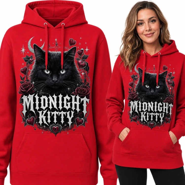 Bluza damska z kapturem - czarny kot w gotyckiej ramie z różami „Midnight Kitty”