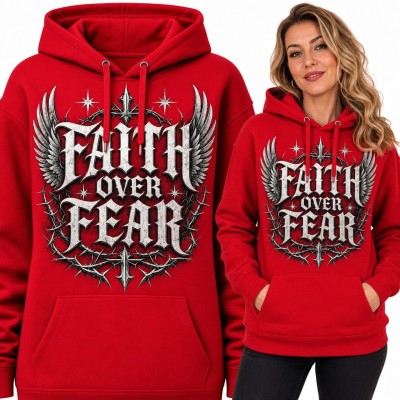 Bluza damska z kapturem - „Faith over fear” ze skrzydłami i cierniową koroną