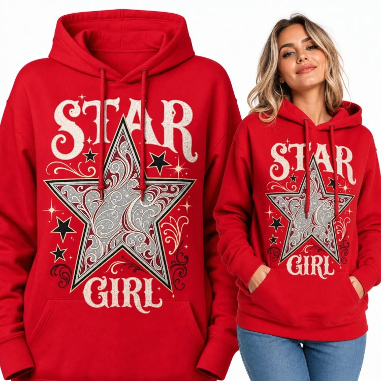Bluza damska z kapturem - „Star Girl” z ozdobną gwiazdą w ornamenty