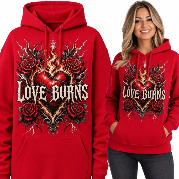 Bluza damska z kapturem - płonące serce z różami i napisem „Love Burns”
