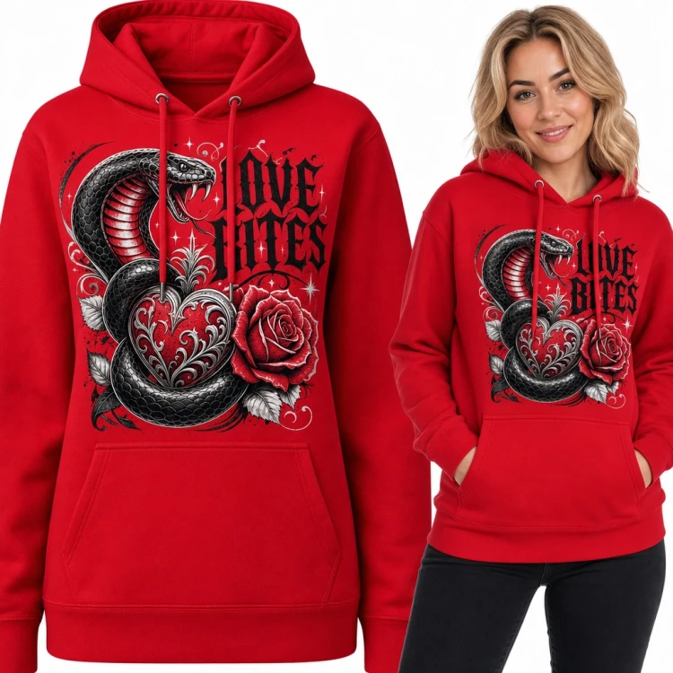 Bluza damska z kapturem - kobra oplatająca serce z różą i napis „Love Bites”